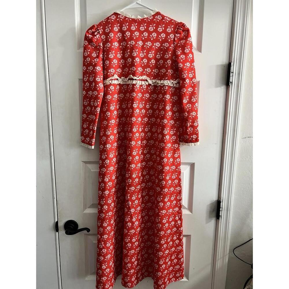 Vtg 60s/70s Red Floral Zip Up House Dress Nightgown Maxi Prairie Mod XS/S - Picture 4 of 8